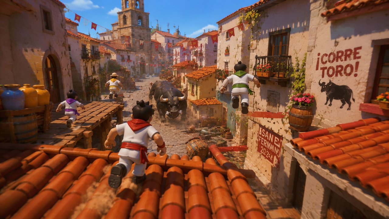 Runners escaping across festival rooftops