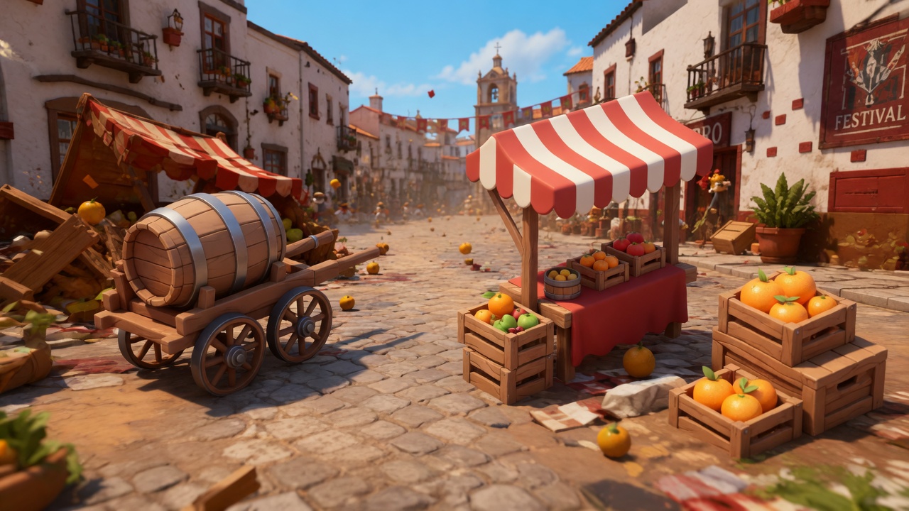 Festival market street full of smashable props